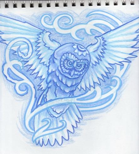 Tattoos - Blue Sketchbook Swirly Owl Tattoo Concept - 60610